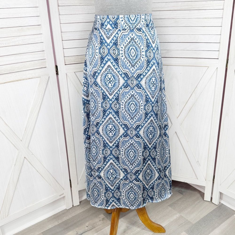 Metrowear Satin Mosaic‎ Print Midi Skirt Blue White Medium